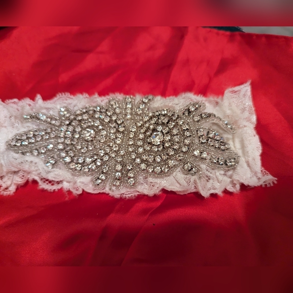 🤍 Wedding Garter Vintage Rhinestone white lace "something old" one size Stretch